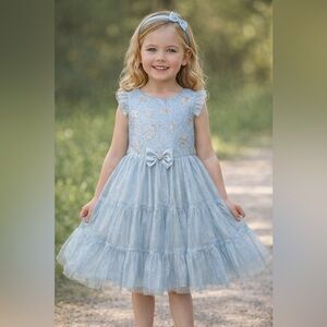 Blue Sparkle Bow Tulle Party Dress for Girls
